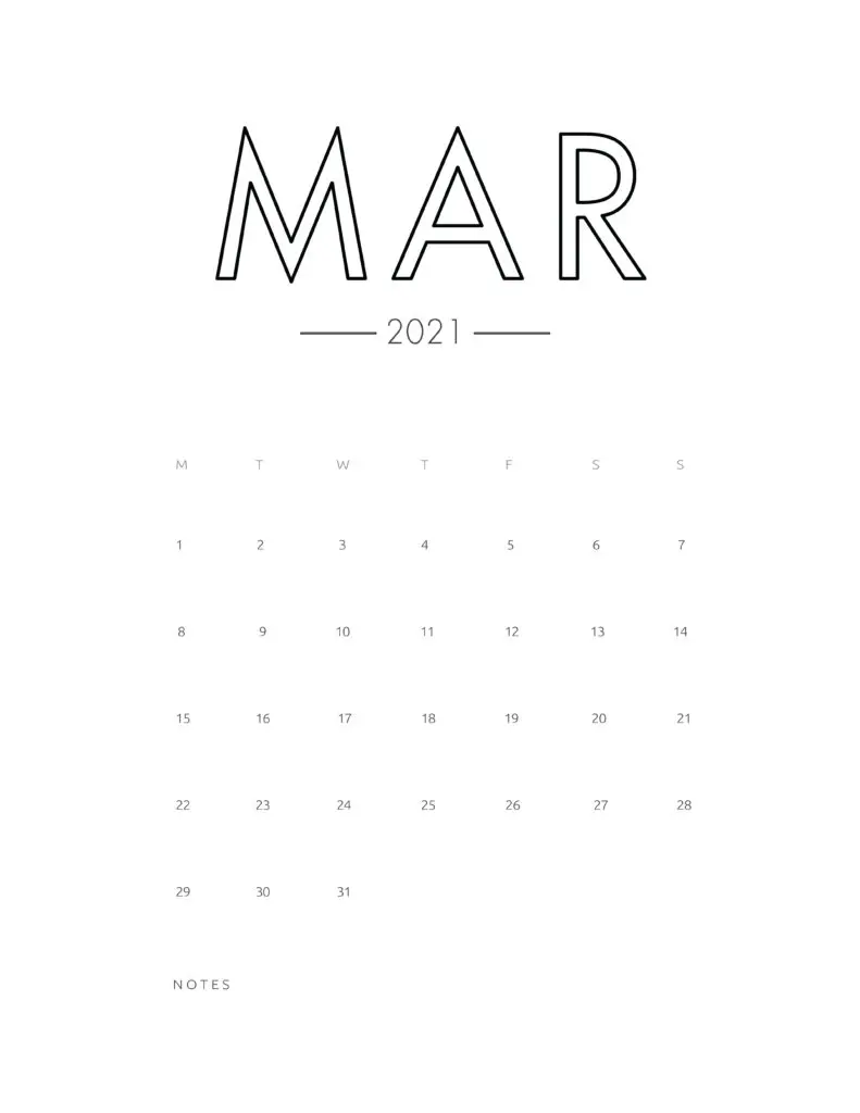 2021 March Free Monthly Calendar Template