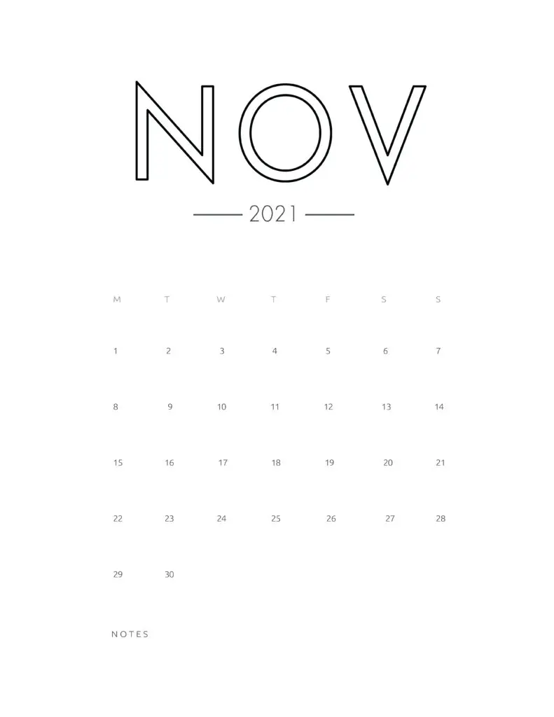 2021 November Free Monthly Calendar Template