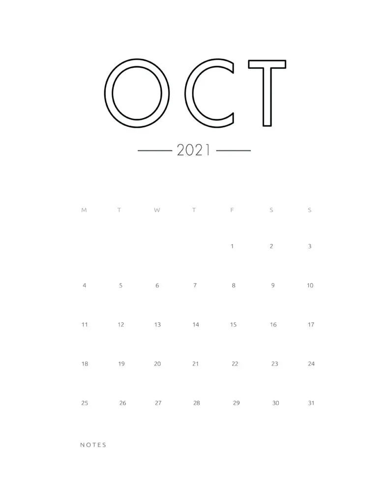 2021 October Free Monthly Calendar Template