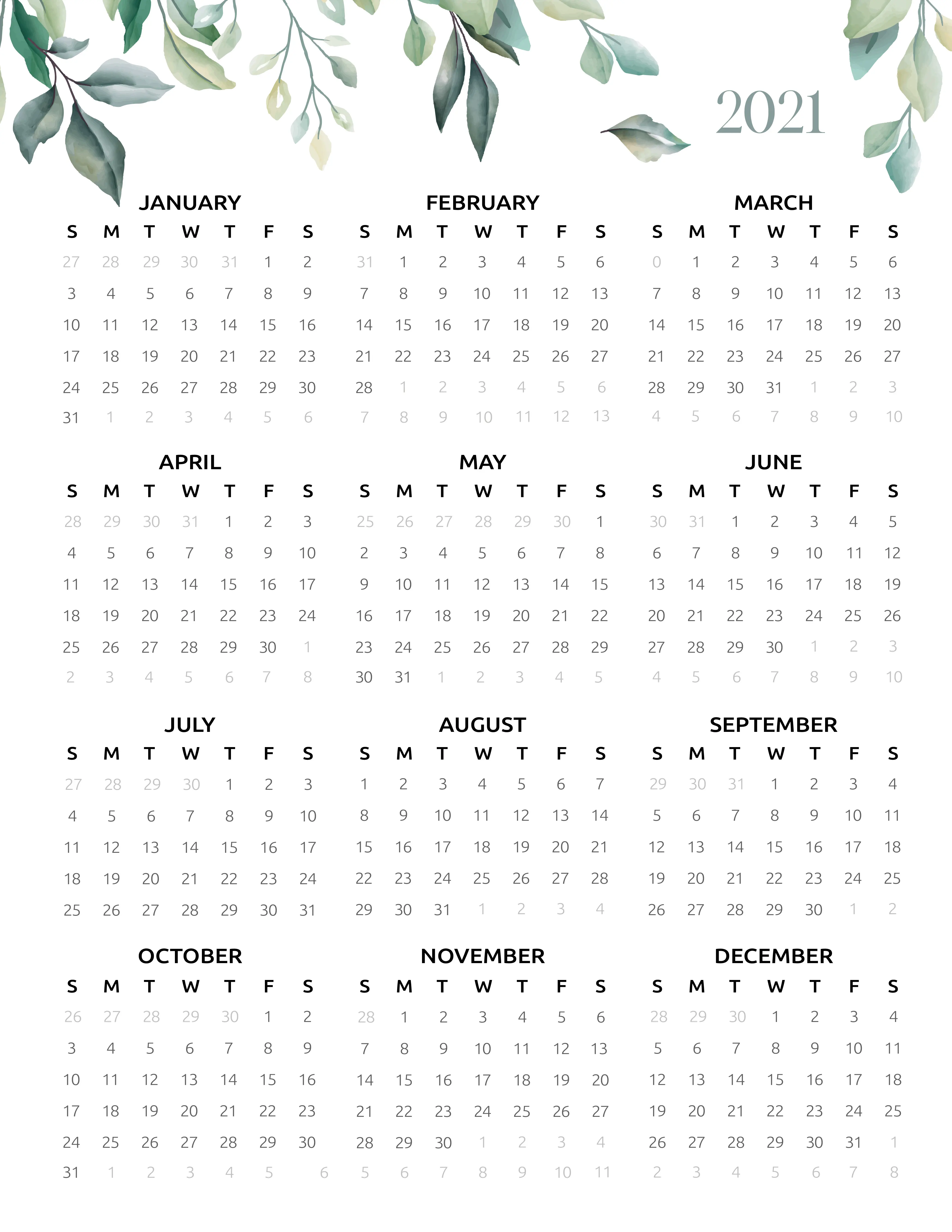 Printable 2021 Year Calendar - World of Printables