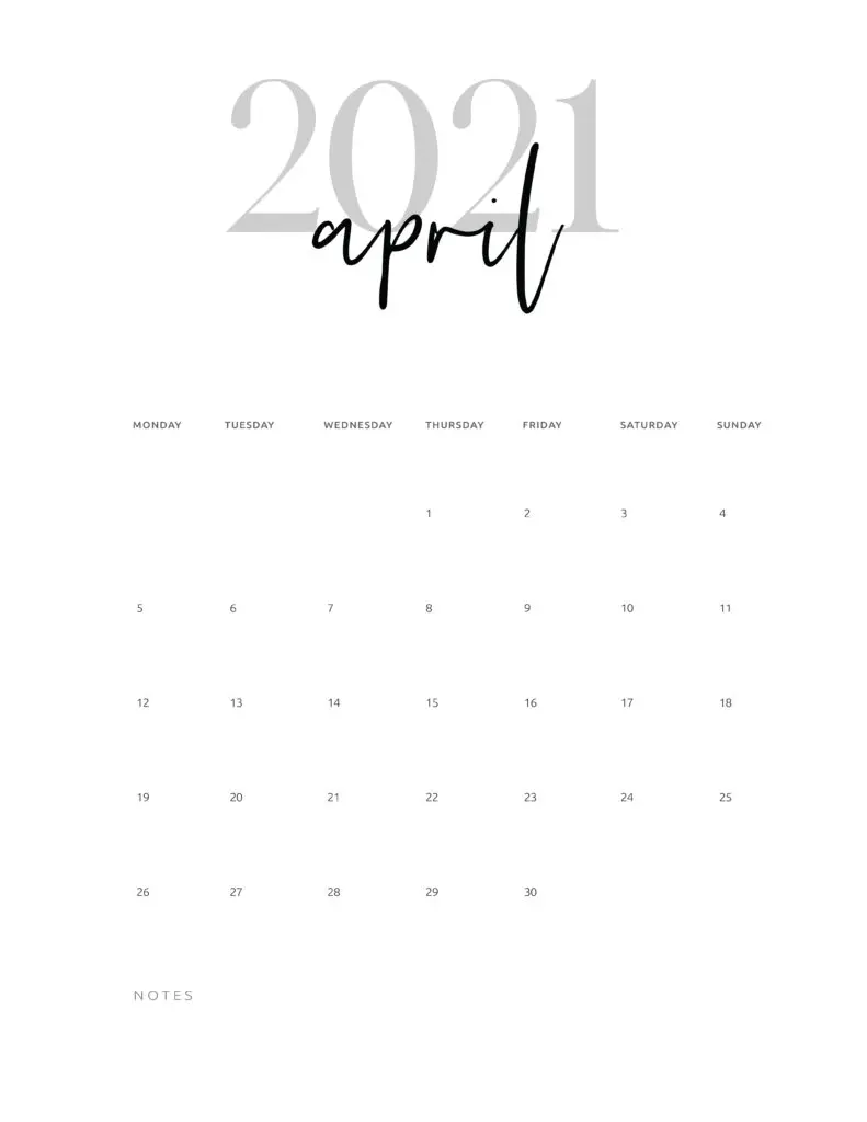 April 2021 Calendar Printable Cursive