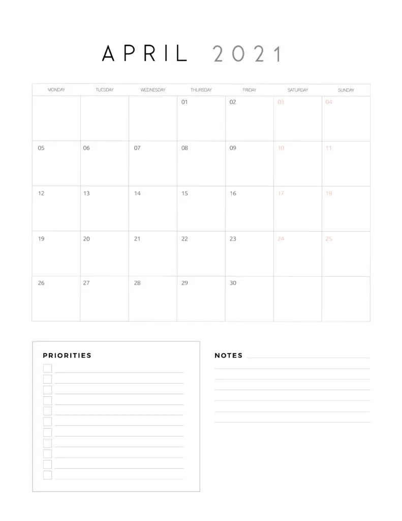 April 2021 Calendar With Priorities And Notes