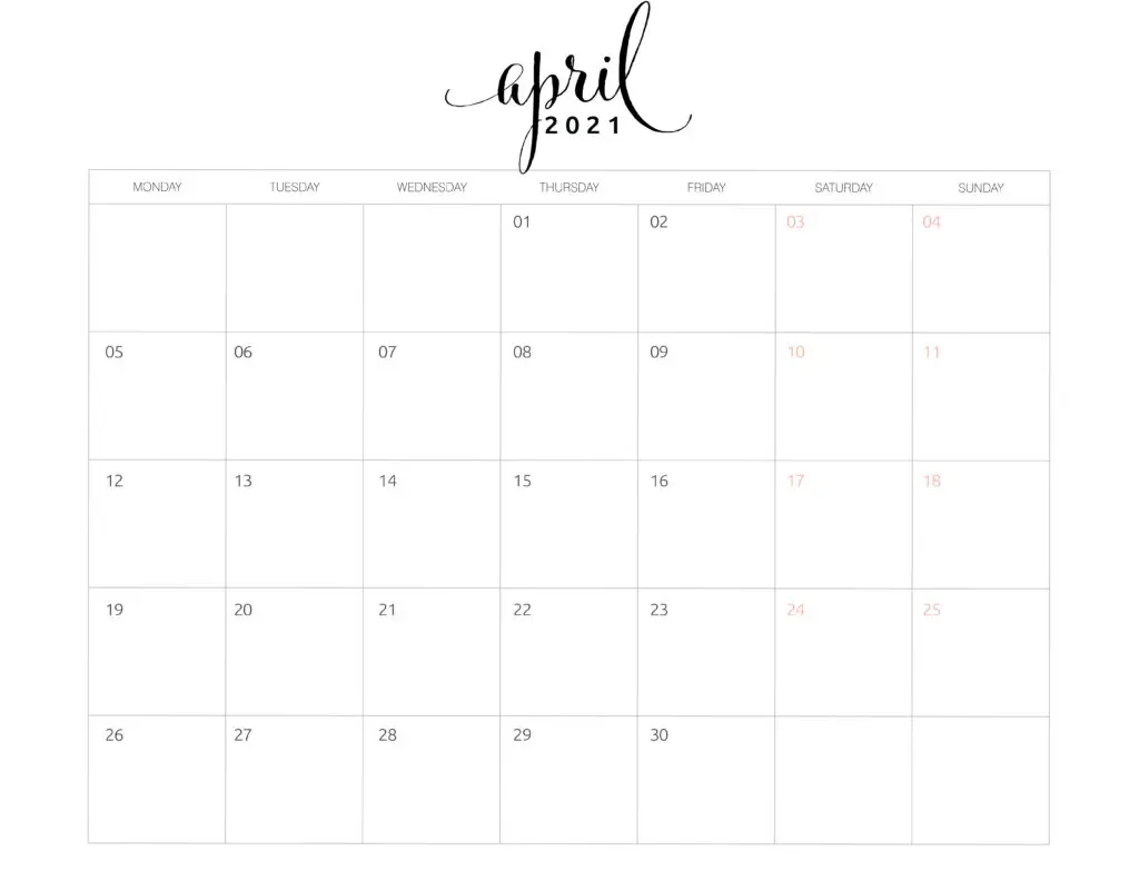 April 2021 Monthly Calendar Monday Start