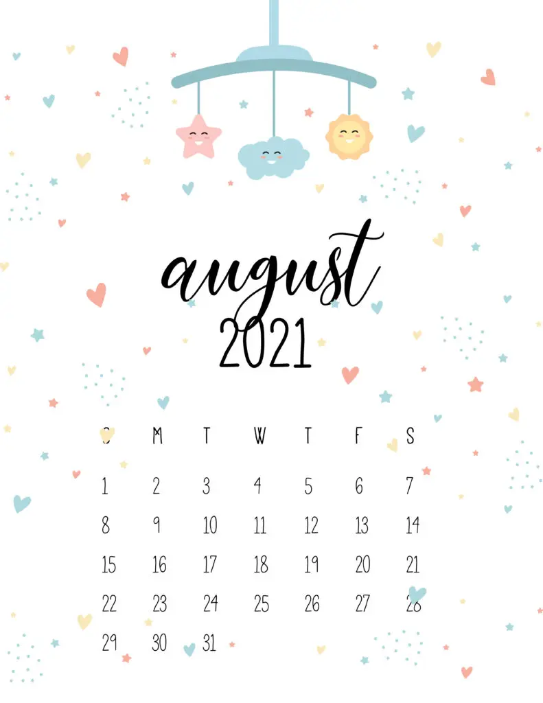 August 2021 Calendar Cute Nursery Mobile