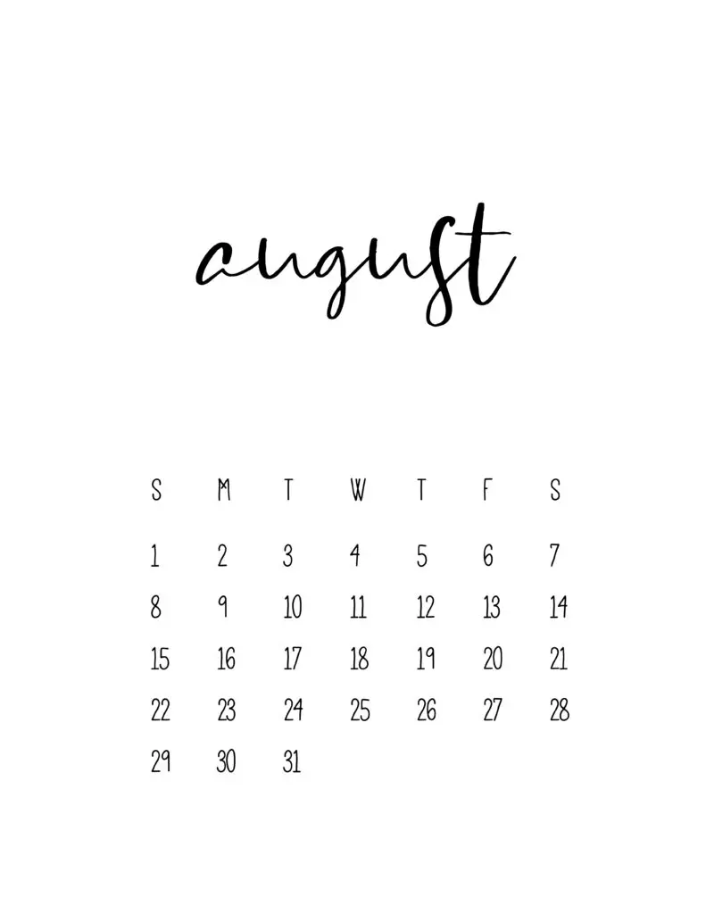 August 2021 Calendar Free Printable Template