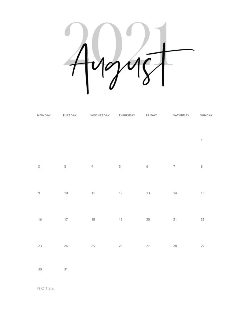 August 2021 Calendar Printable Cursive