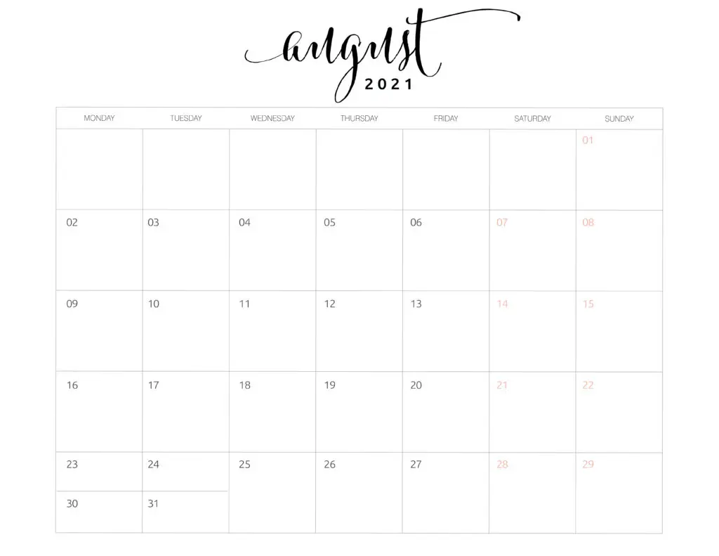 August 2021 Monthly Calendar Monday Start