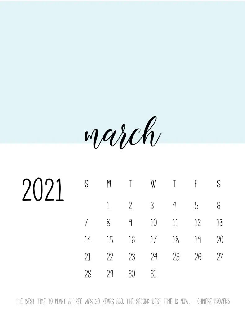 Block Color March 2021 Calendar