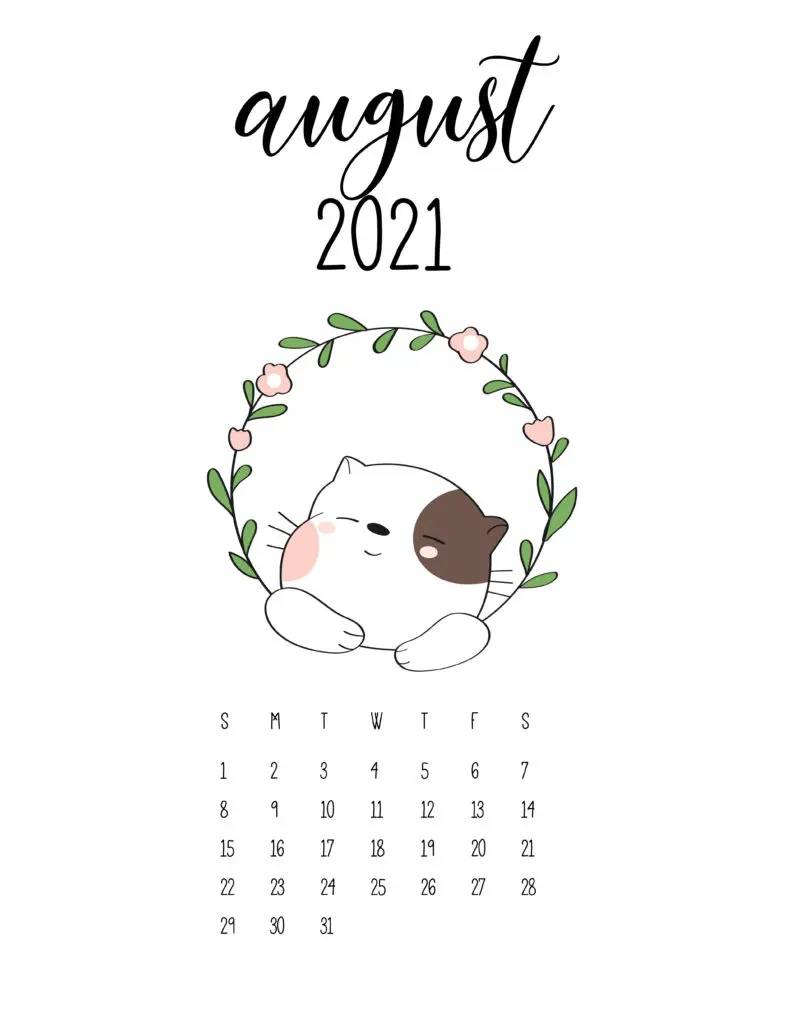 Cute Animals August 2021 Calendar In Floral Frame