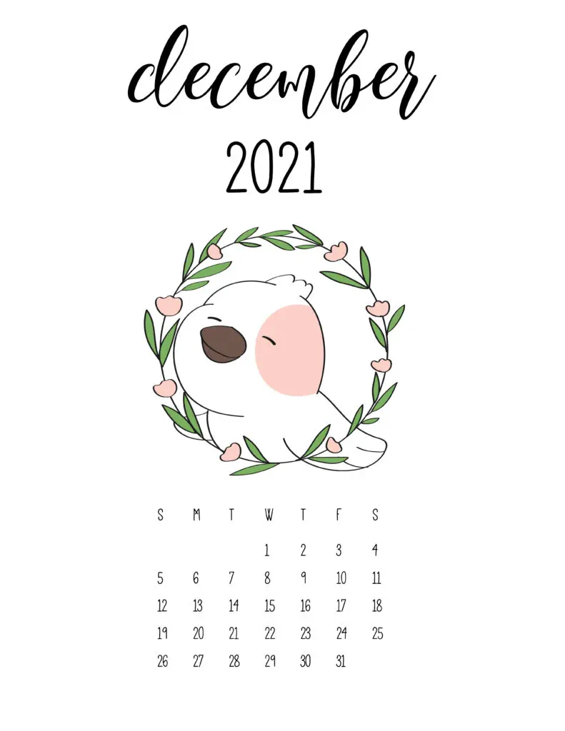 Cute Animals December 2021 Calendar In Floral Frame