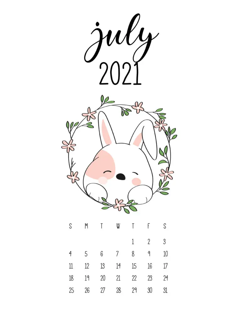 Cute Animals July 2021 Calendar In Floral Frame