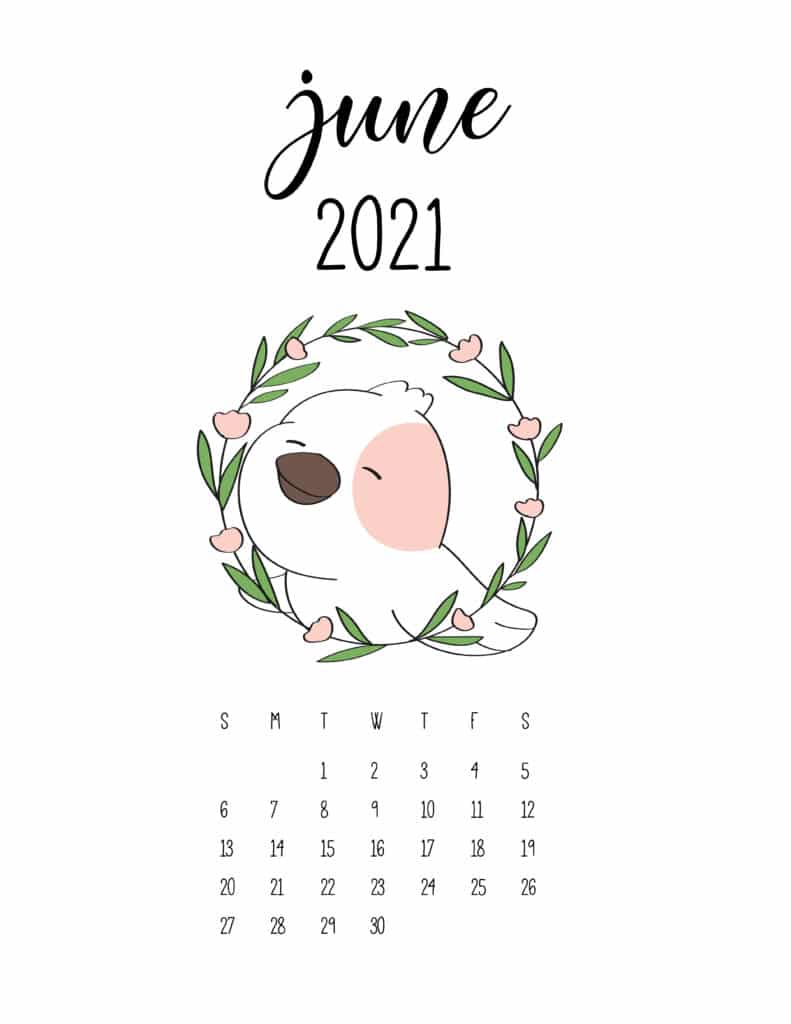 Cute Animals June 2021 Calendar In Floral Frame