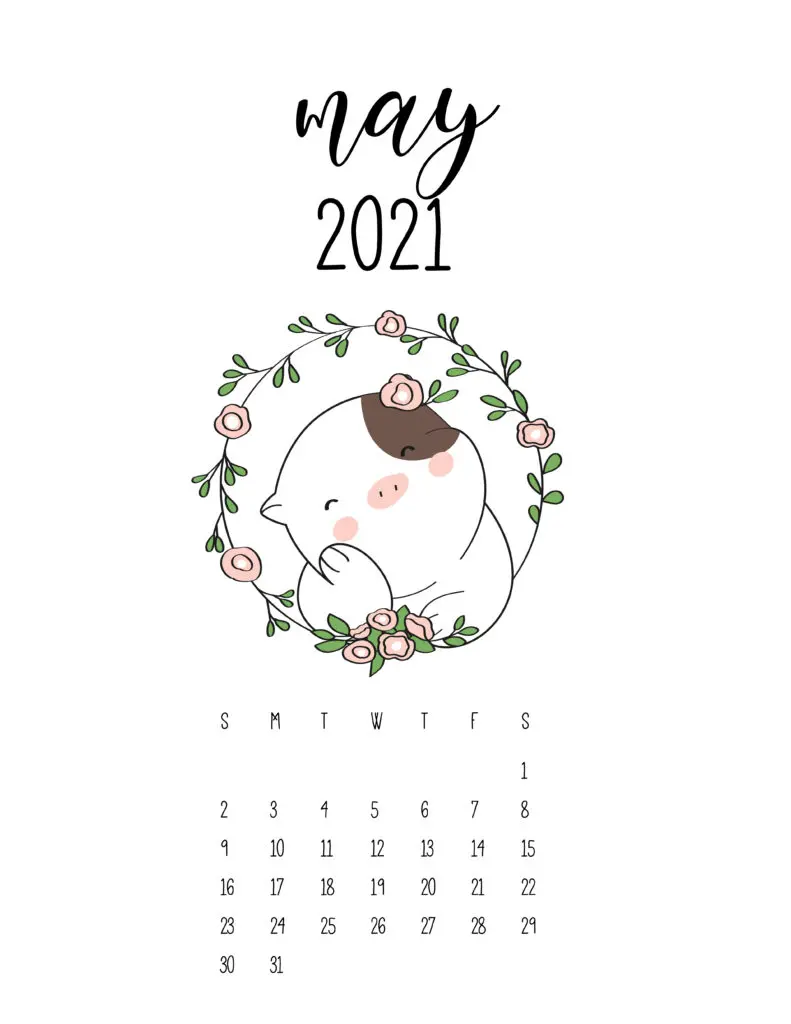 Cute Animals May 2021 Calendar In Floral Frame
