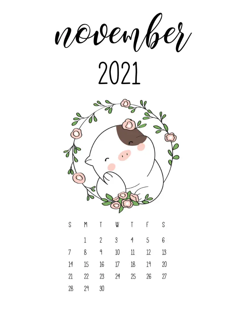 Cute Animals November 2021 Calendar In Floral Frame