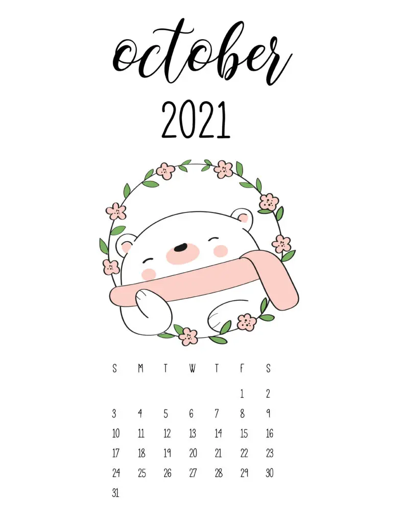 Cute Animals October 2021 Calendar In Floral Frame