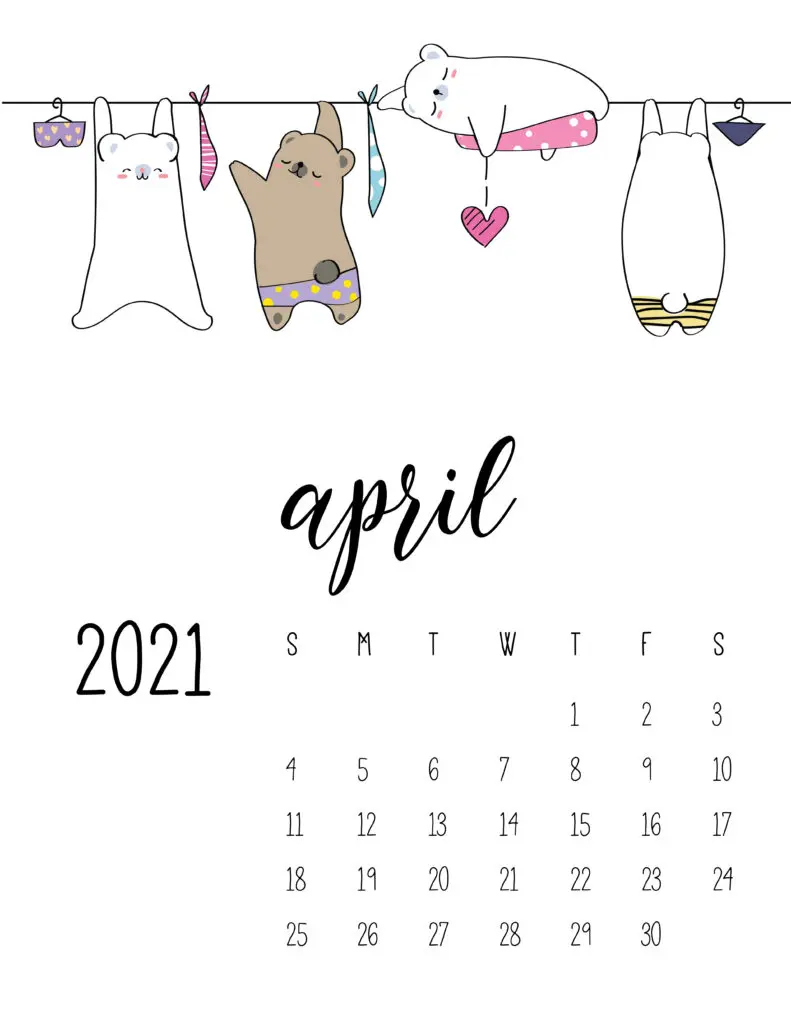 Cute Animals On Washing Line April 2021 Calendar