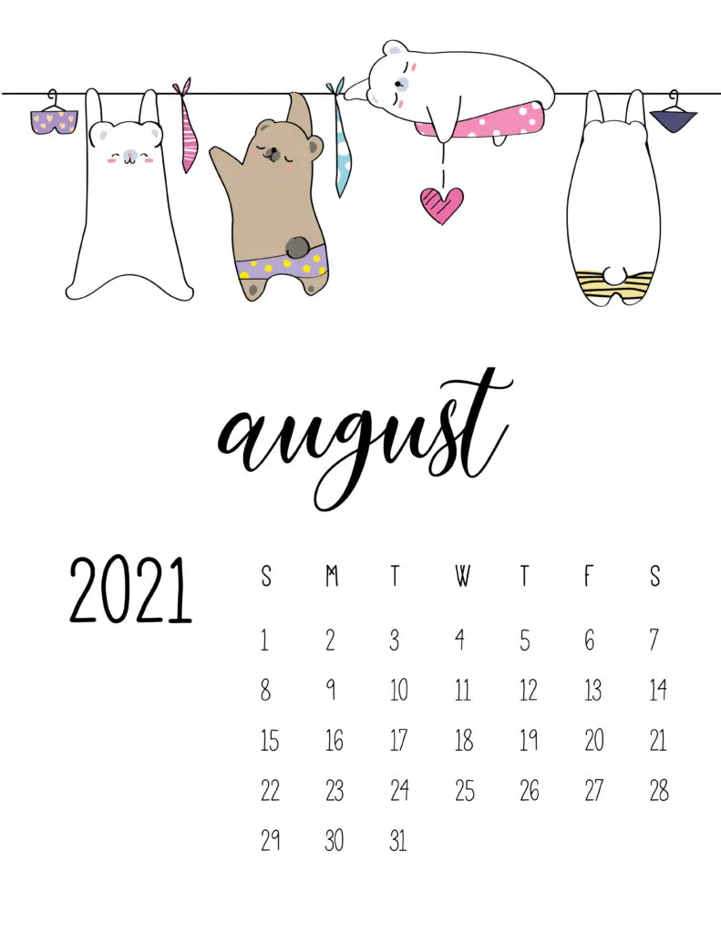 Cute Animals On Washing Line August 2021 Calendar