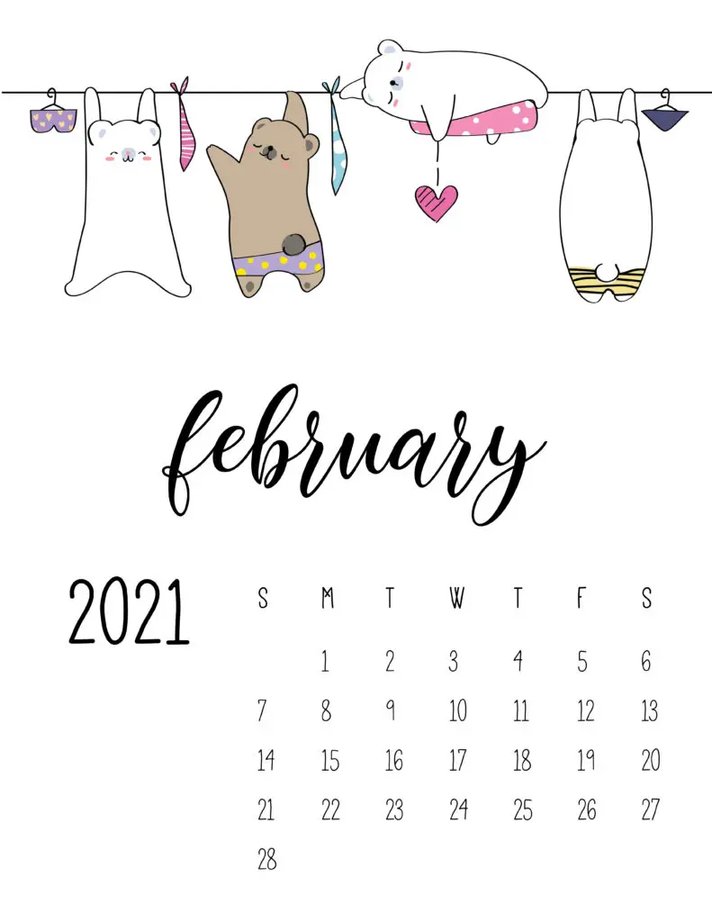 Cute Animals On Washing Line February 2021 Calendar