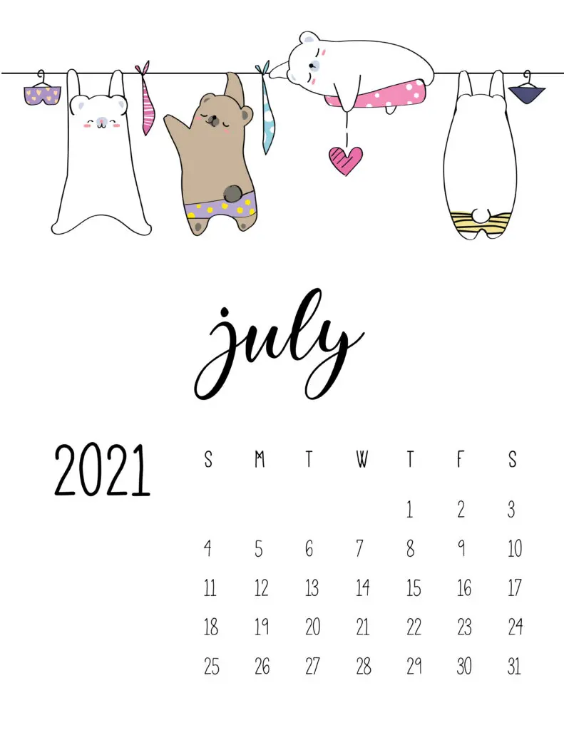 Cute Animals On Washing Line July 2021 Calendar