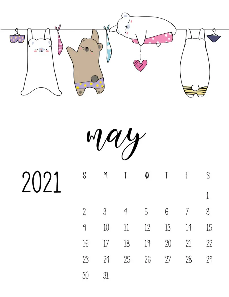 Cute Animals On Washing Line May 2021 Calendar