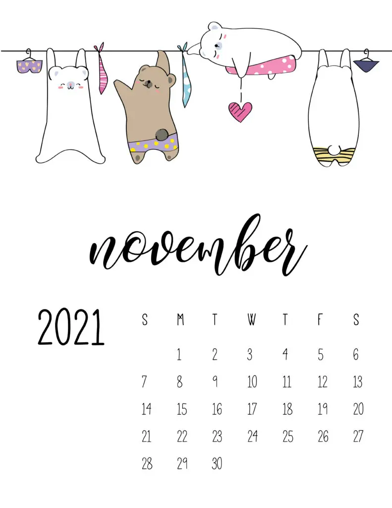 Cute Animals On Washing Line November 2021 Calendar