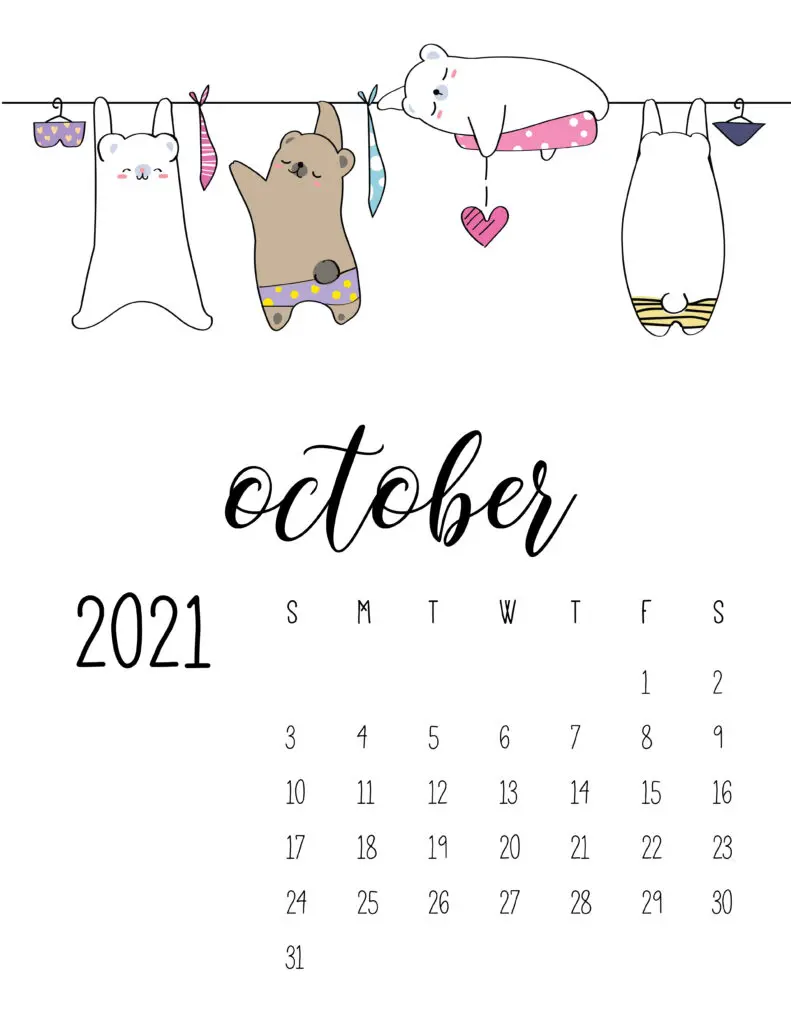 Cute Animals On Washing Line October 2021 Calendar