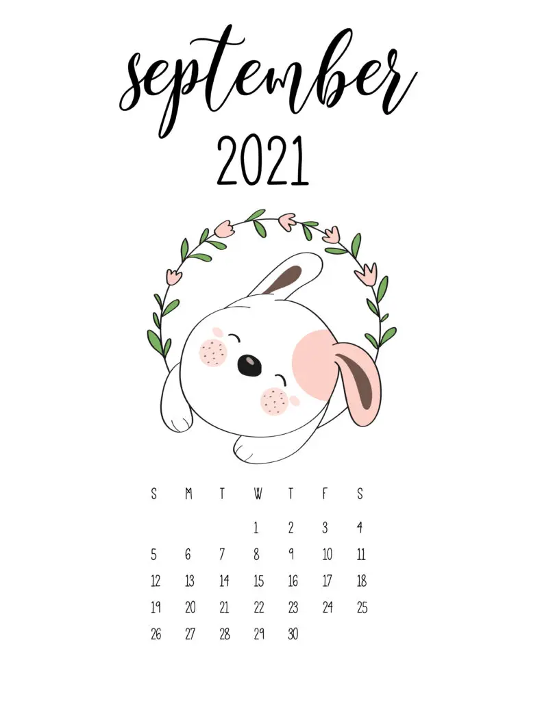 Cute Animals September 2021 Calendar In Floral Frame