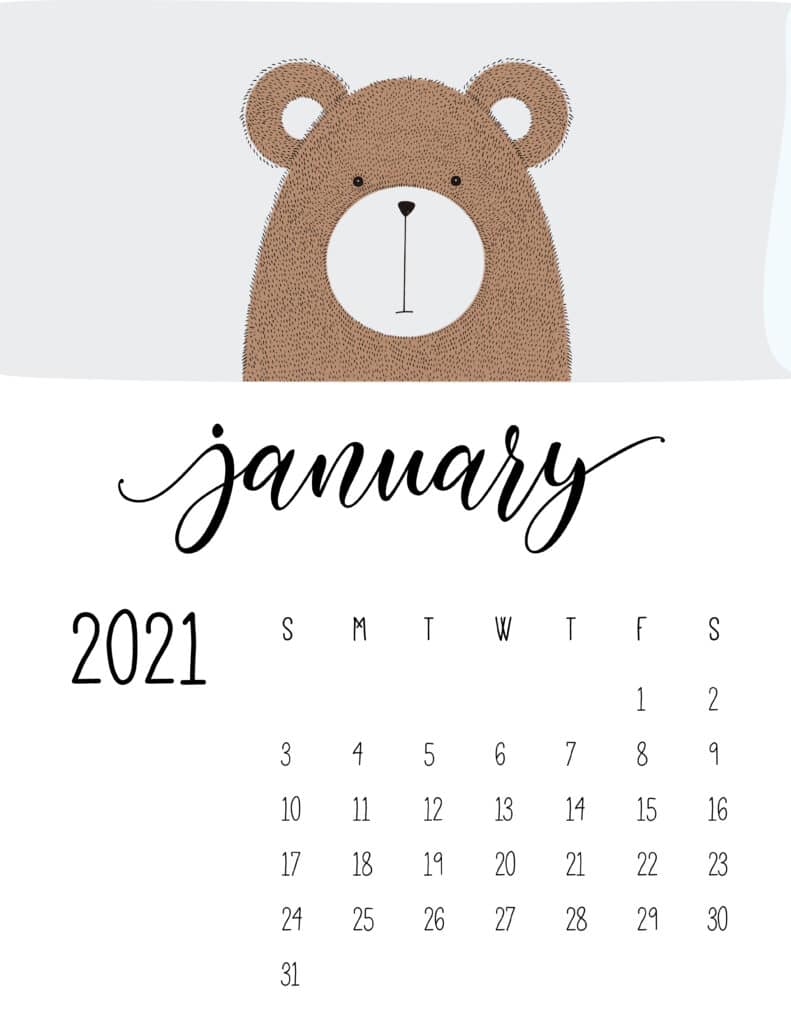 Cute Contemporary Peeking Animals 2021 January Calendar