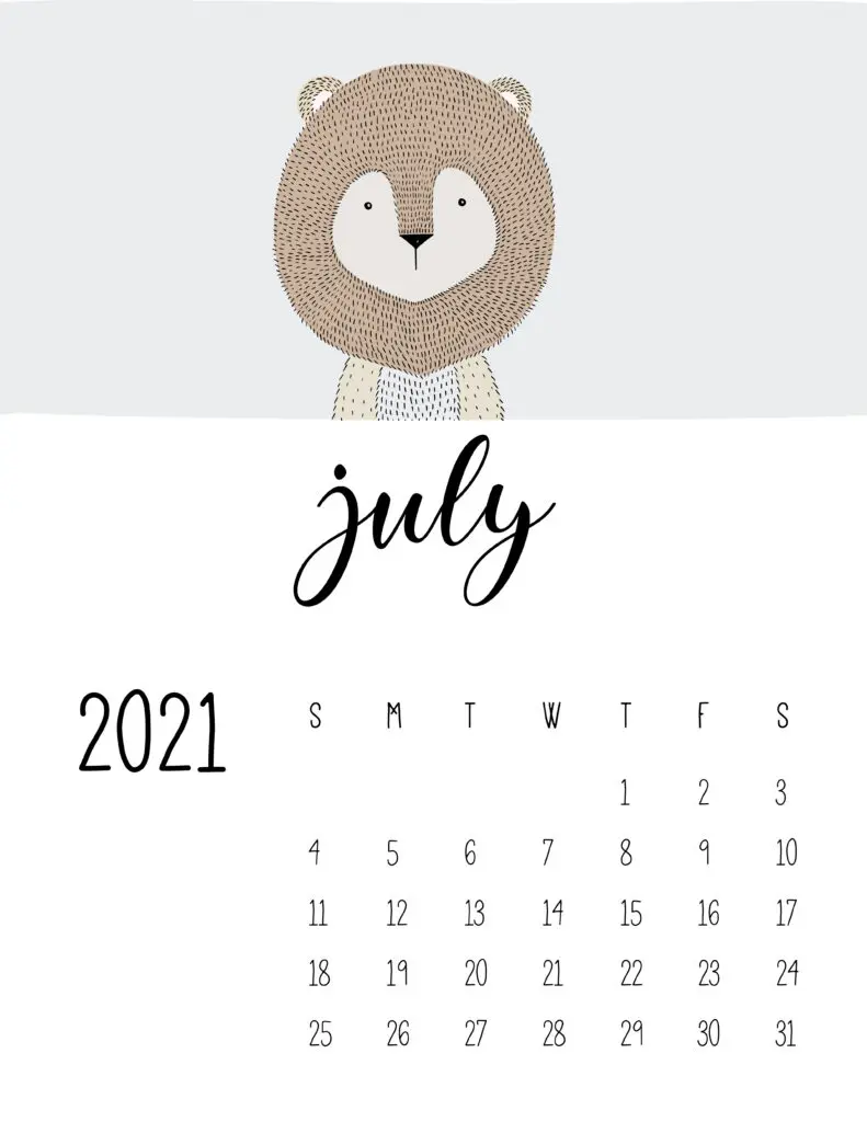 Cute Contemporary Peeking Animals 2021 July Calendar