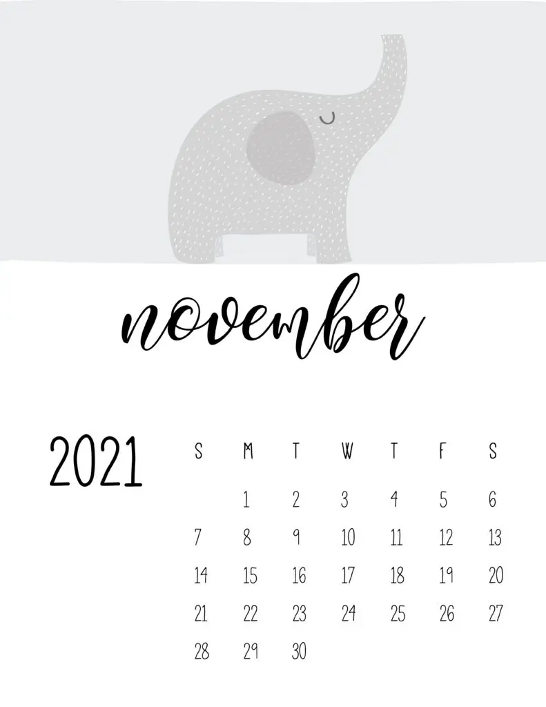 Cute Contemporary Peeking Animals 2021 November Calendar