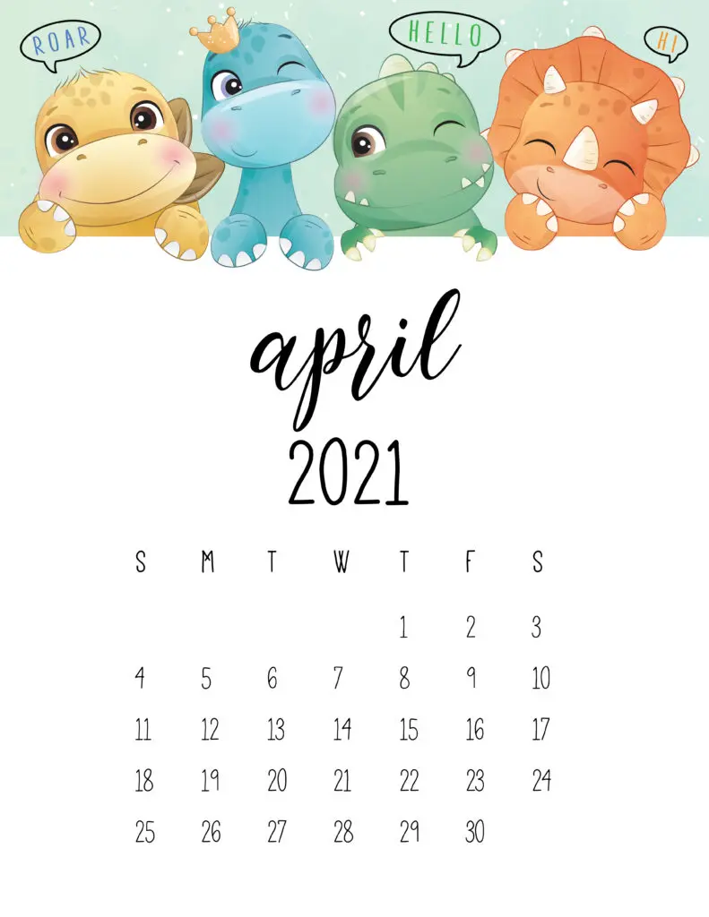Cute Dinosaurs April 2021 Calendar