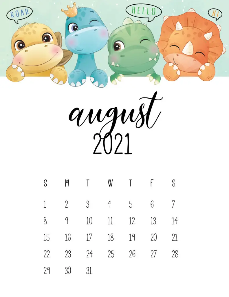 Cute Dinosaurs August 2021 Calendar