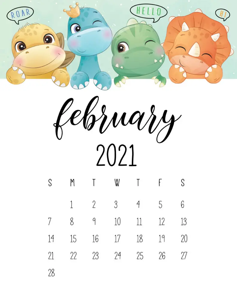 Cute Dinosaurs February 2021 Calendar