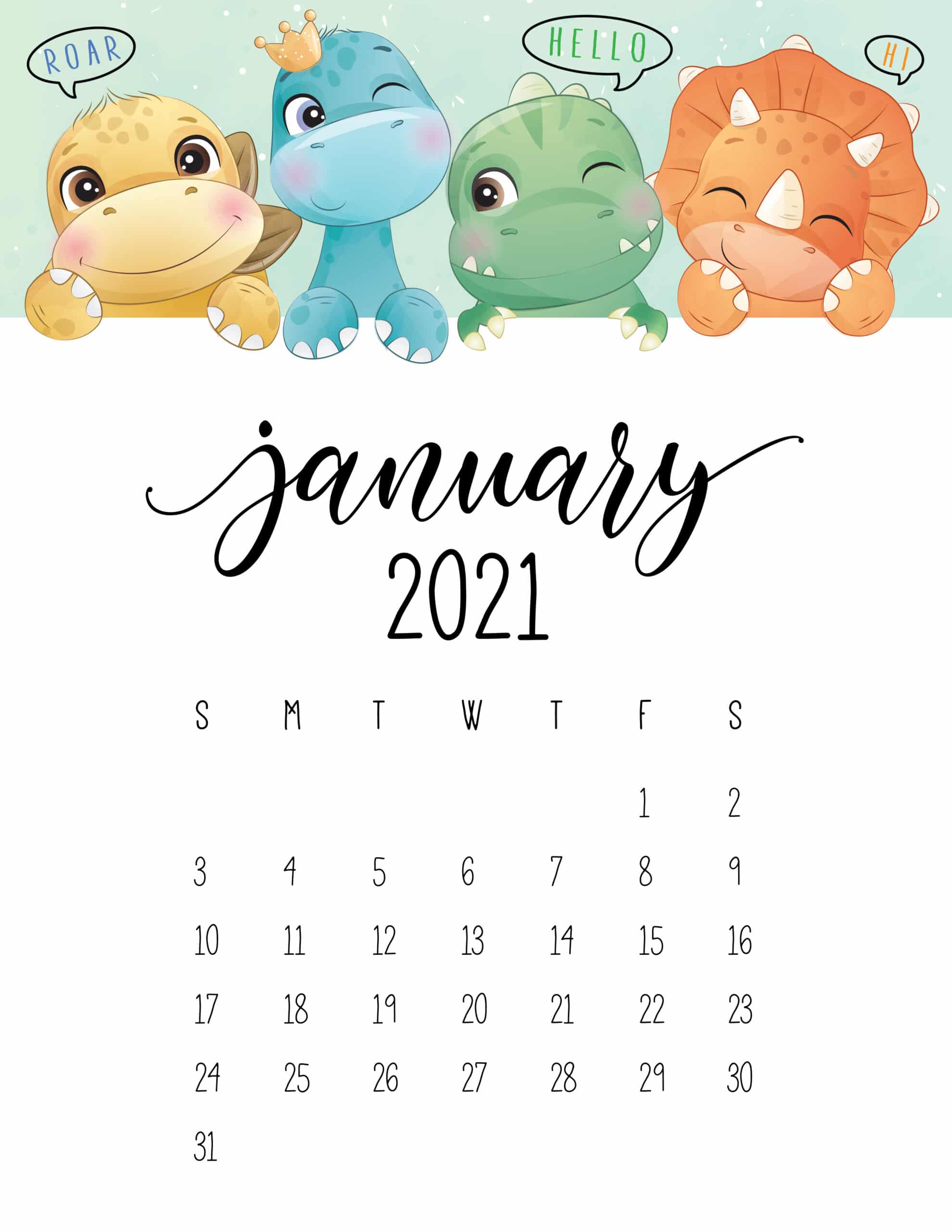 Cute Dinosaurs 2021 Calendar World of Printables