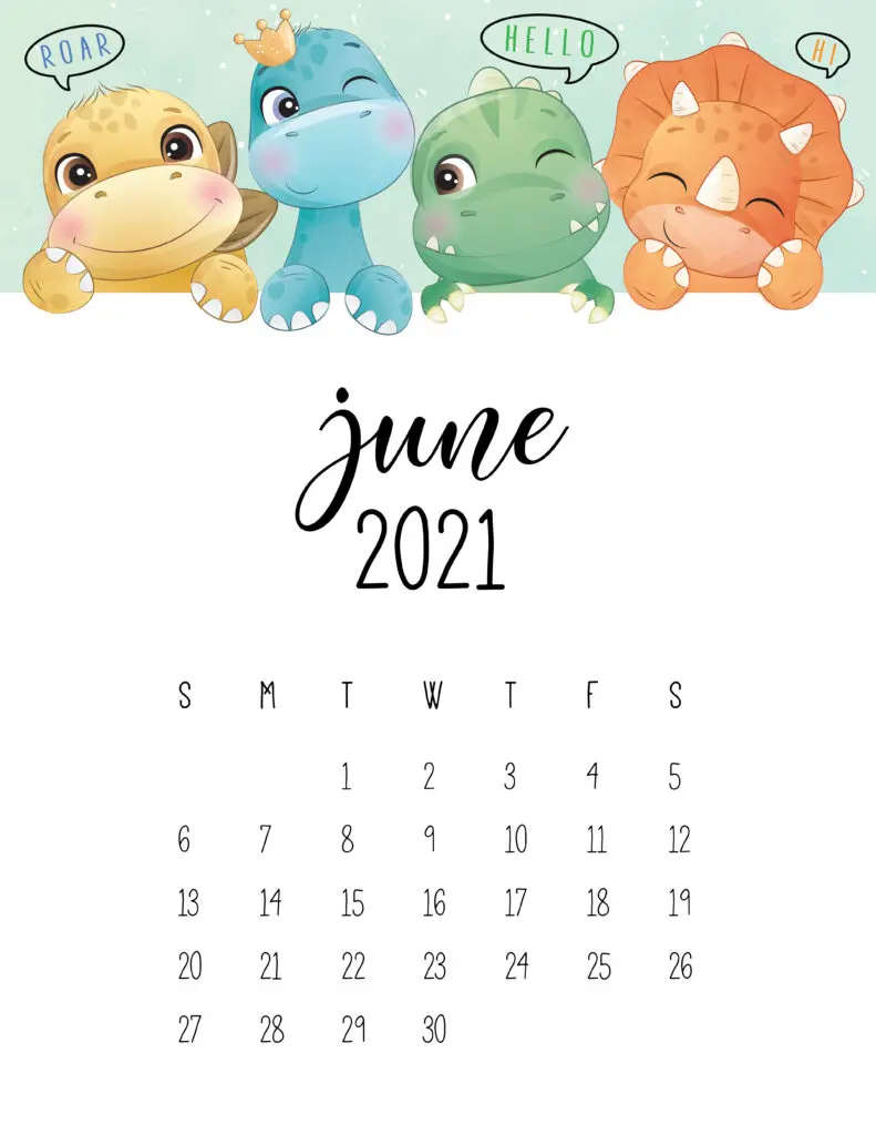 Cute Dinosaurs June 2021 Calendar
