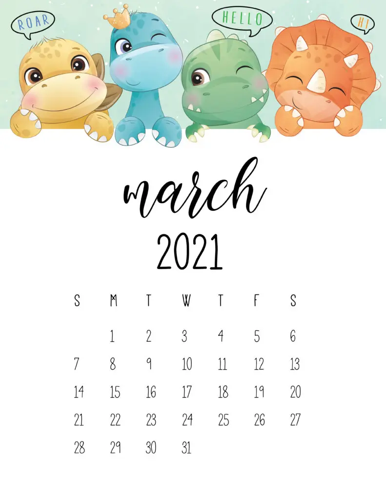 Cute Dinosaurs March 2021 Calendar