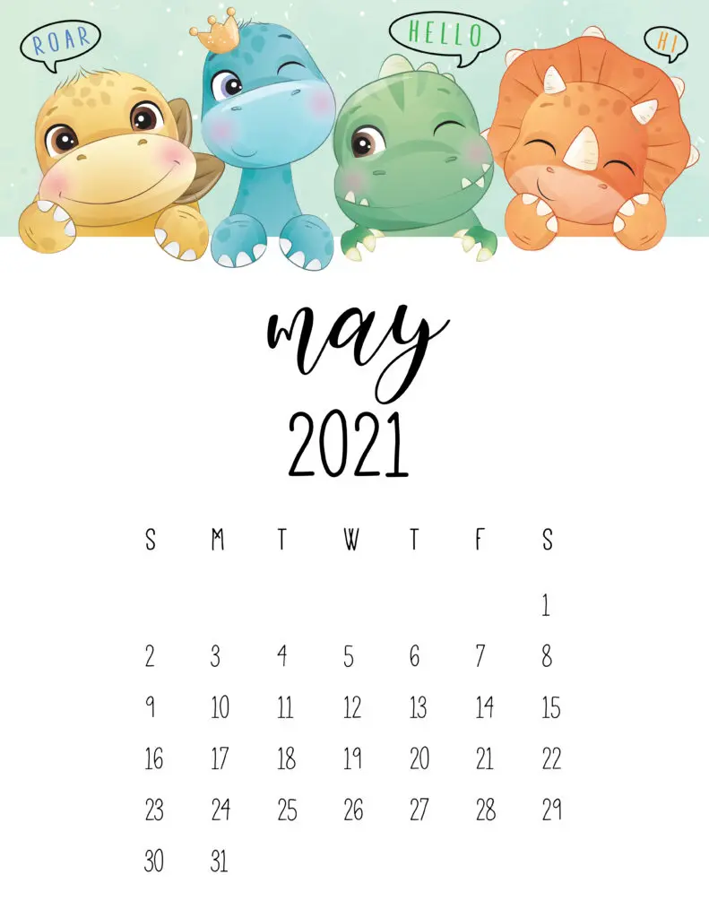 Cute Dinosaurs May 2021 Calendar