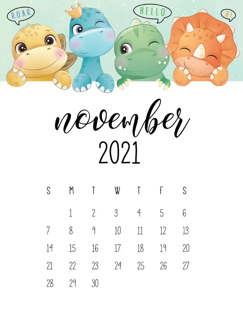 Cute Dinosaurs November 2021 Calendar