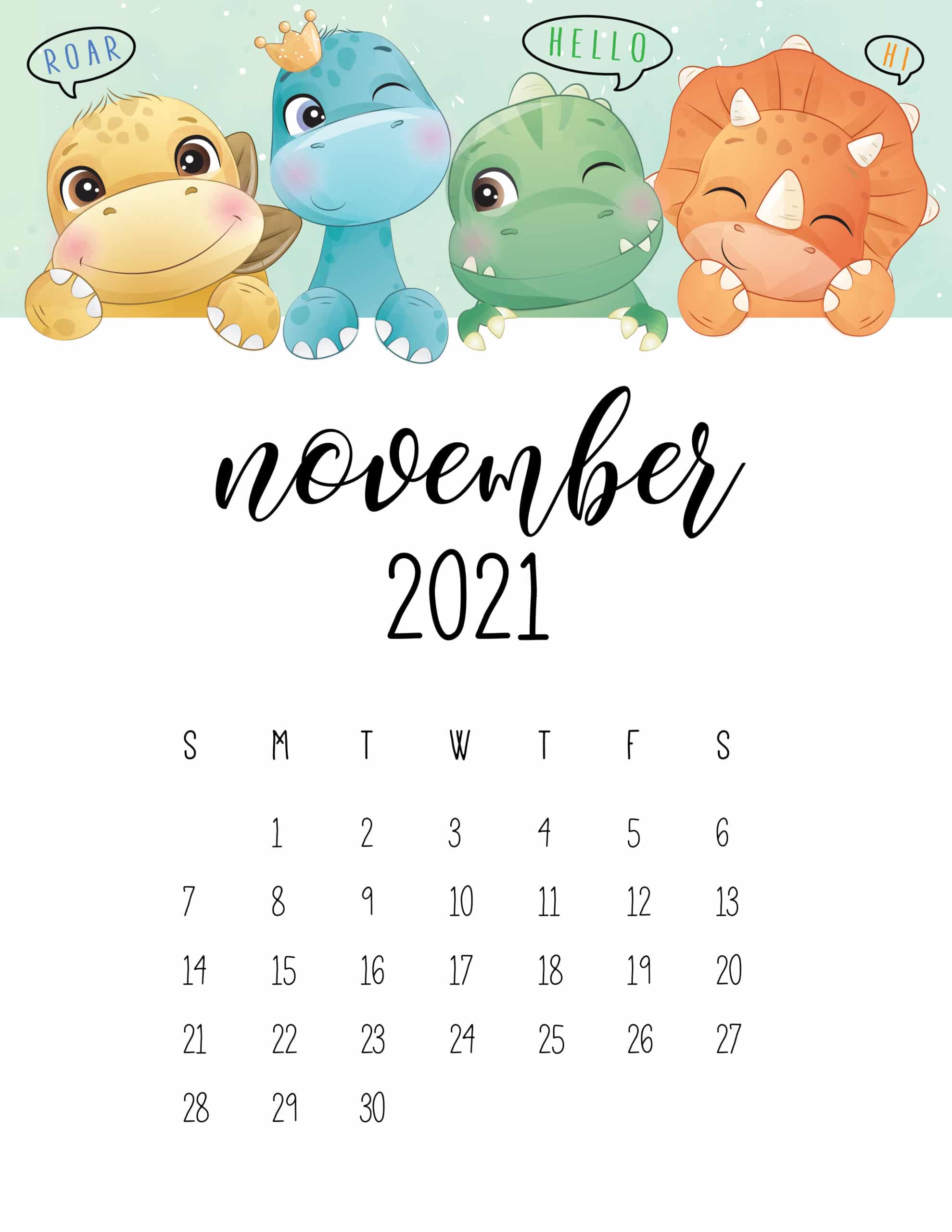 Cute Dinosaurs 2021 Calendar - World of Printables