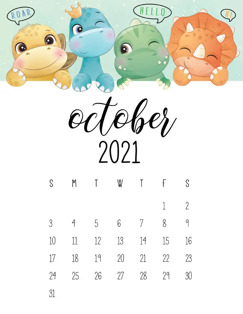 Cute Dinosaurs OCtober 2021 Calendar