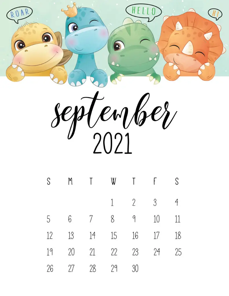 Cute Dinosaurs September 2021 Calendar