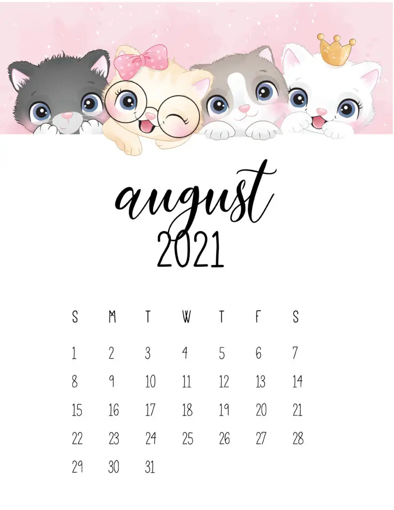 Cute Kittens August 2021 Calendar