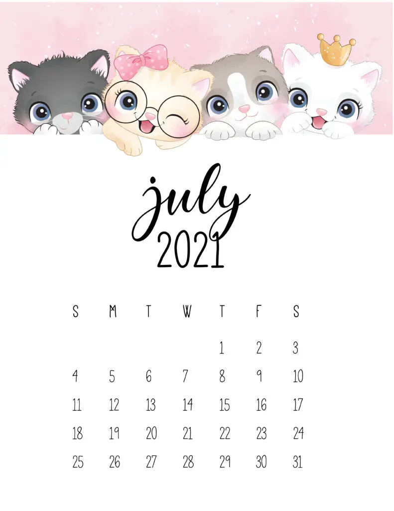 Cute Kittens July 2021 Calendar
