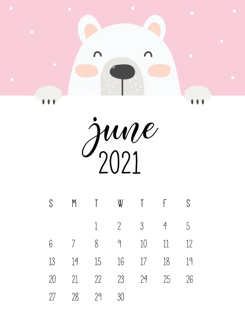 Cute Peeking Bear June 2021 Calendar