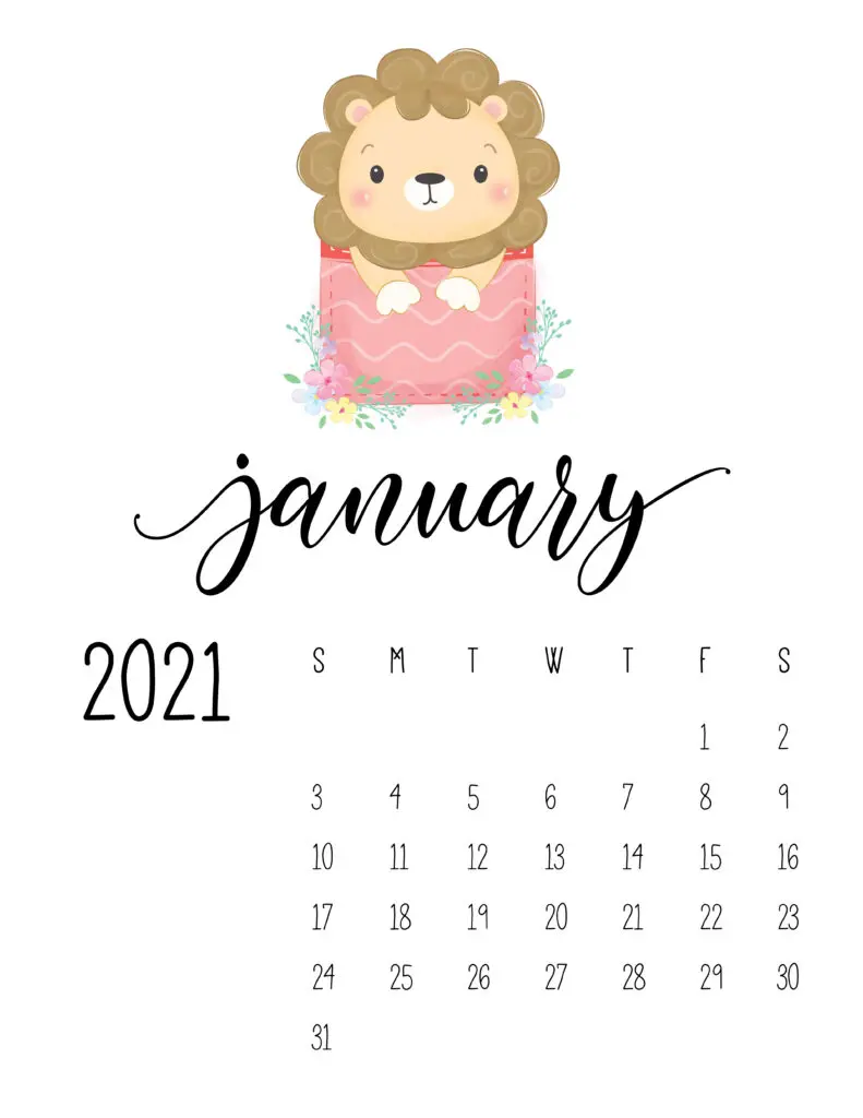 Cute Sleep Time Animals January 2021 Calendar