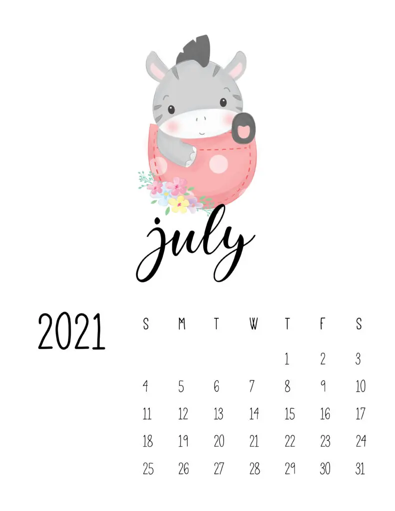 Cute Sleep Time Animals July 2021 Calendar