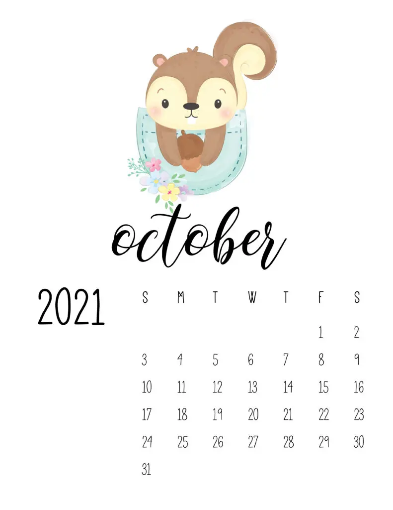 Cute Sleep Time Animals October 2021 Calendar