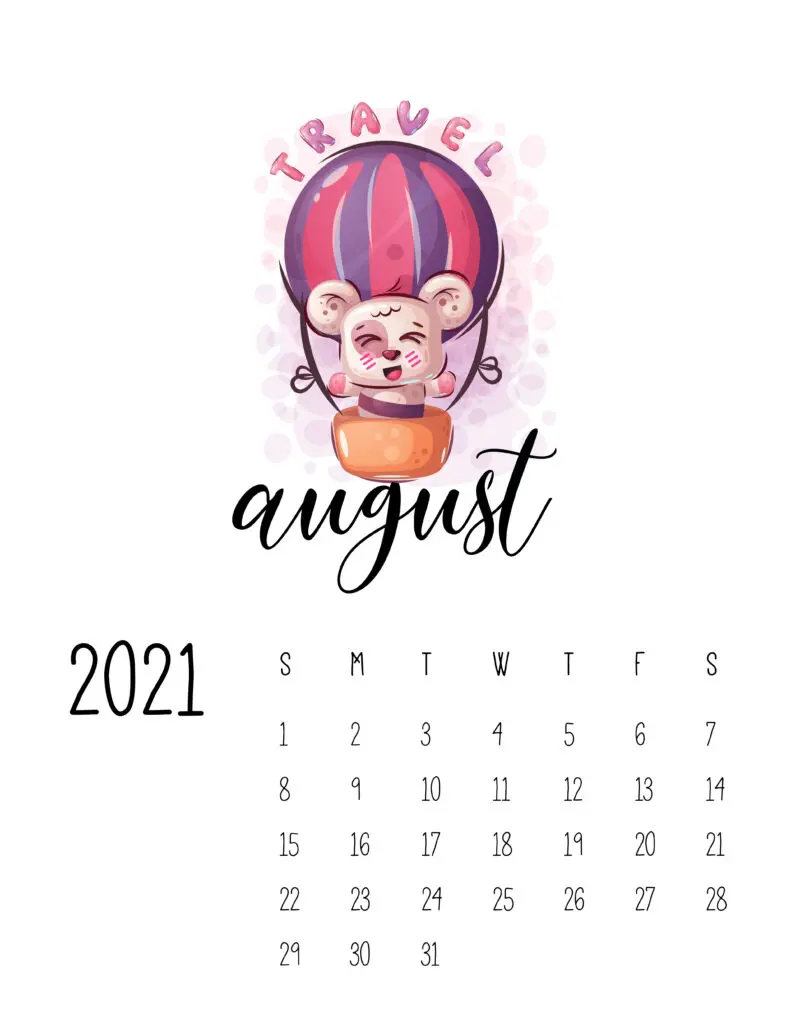 Cute Traveling Animals Calendar August 2021