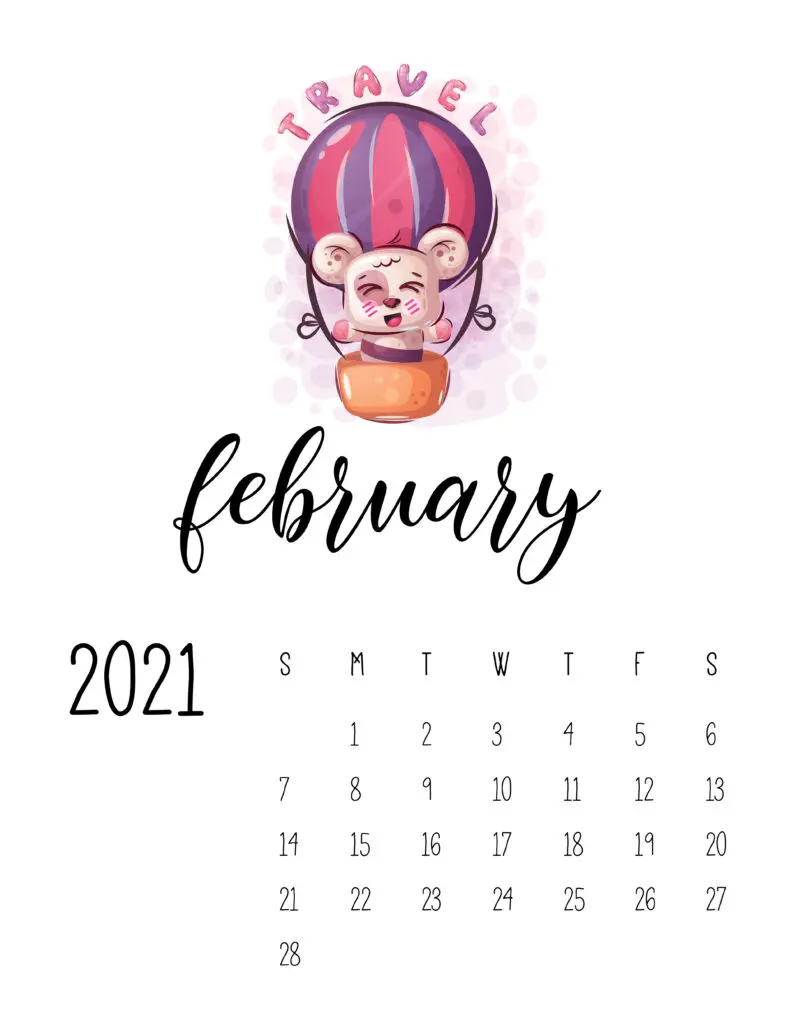 Cute Traveling Animals Calendar February 2021