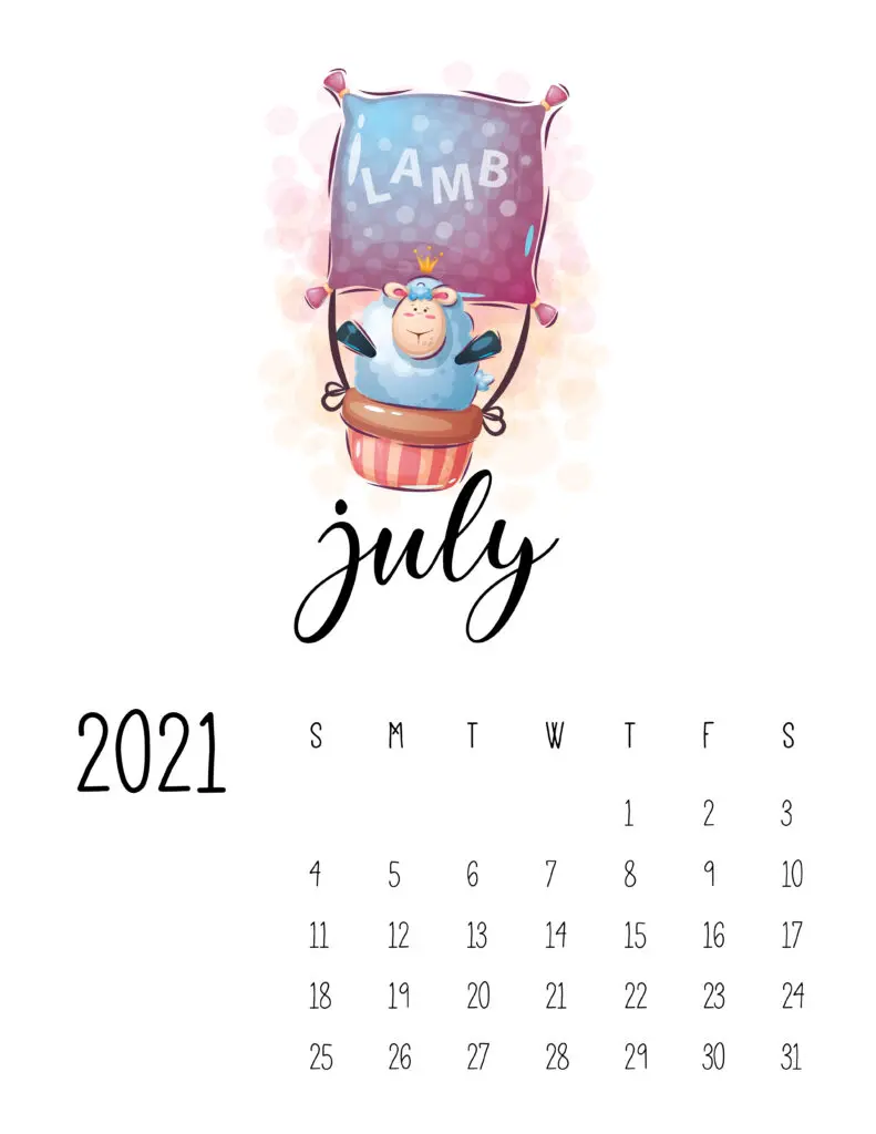 Cute Traveling Animals Calendar July 2021